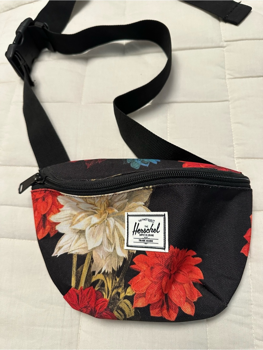 Herschel Supply Company Black Floral Crossbody Waist Bag with Red & Cream Blooms